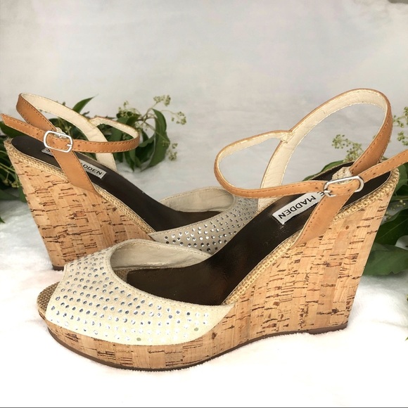 Steve Madden Glitery Rhinestones Suede Leather Cork Peep Toe Wedge Heels 6.5M - Picture 9 of 10